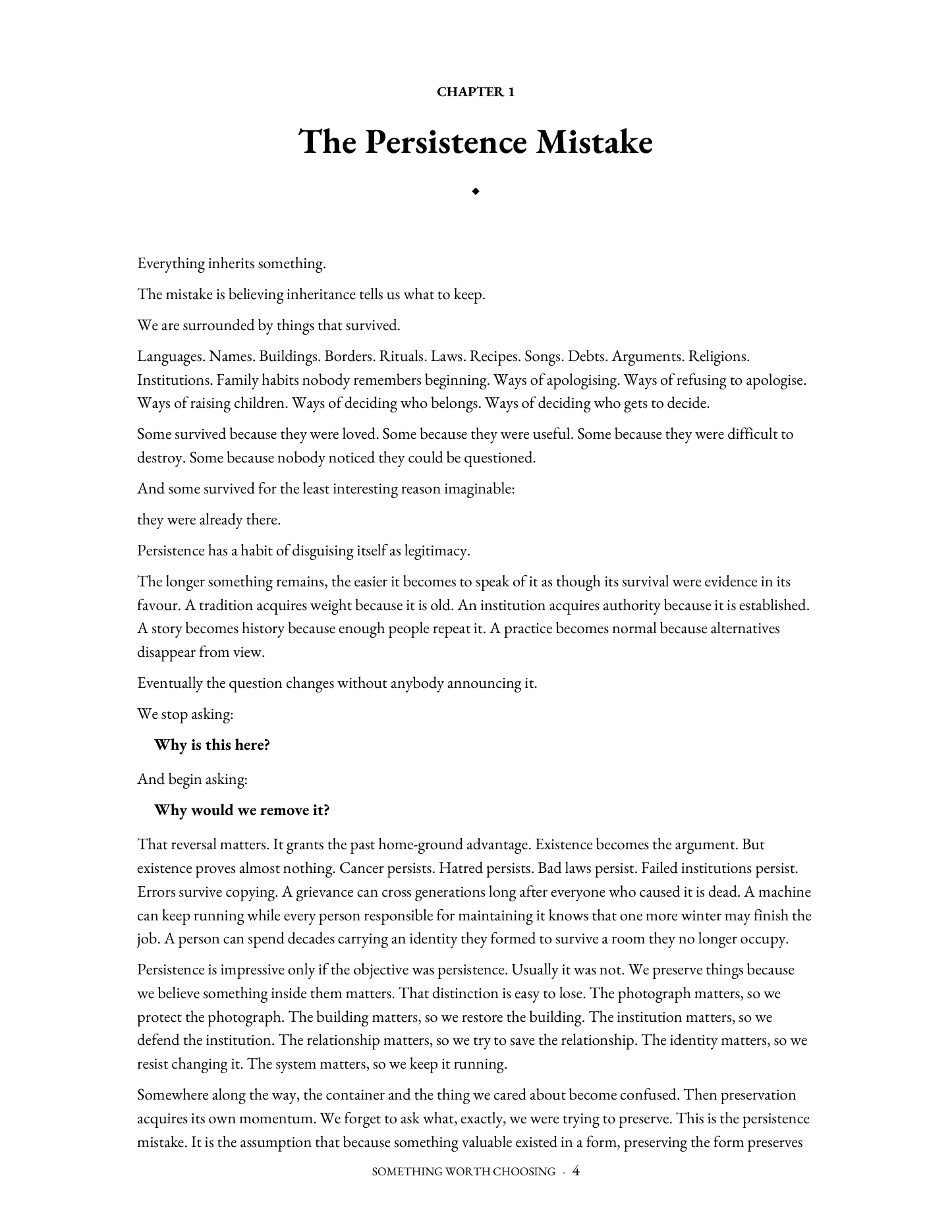 Page four of Something Worth Choosing showing chapter one, The Persistence Mistake.